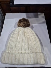 Thick White Cable Knit Faux Fur Pom Lined Skull Cap Beanie B6
