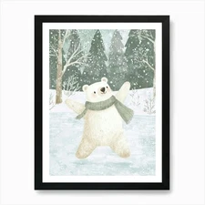 Polar Bear In The Snow. Watercolor  Framed Wall Art Poster Canvas Print Picture