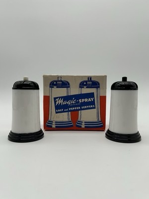 Vintage Plastic Magic Spray Salt & Pepper Shakers Push Button White Black Trim