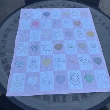 Handmade Embroidered Girl Baby Quilt Animals Pink Border 44  x 37  Vintage