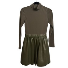 Alice + Olivia Dress Womens 0 Olive Green Chara Vegan Leather Mini Long Sleeve