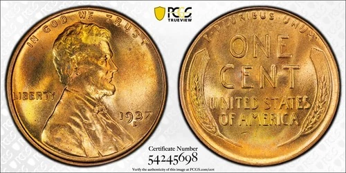 1937-D Lincoln Wheat Cent - PCGS MS66 RD - Penny 1c
