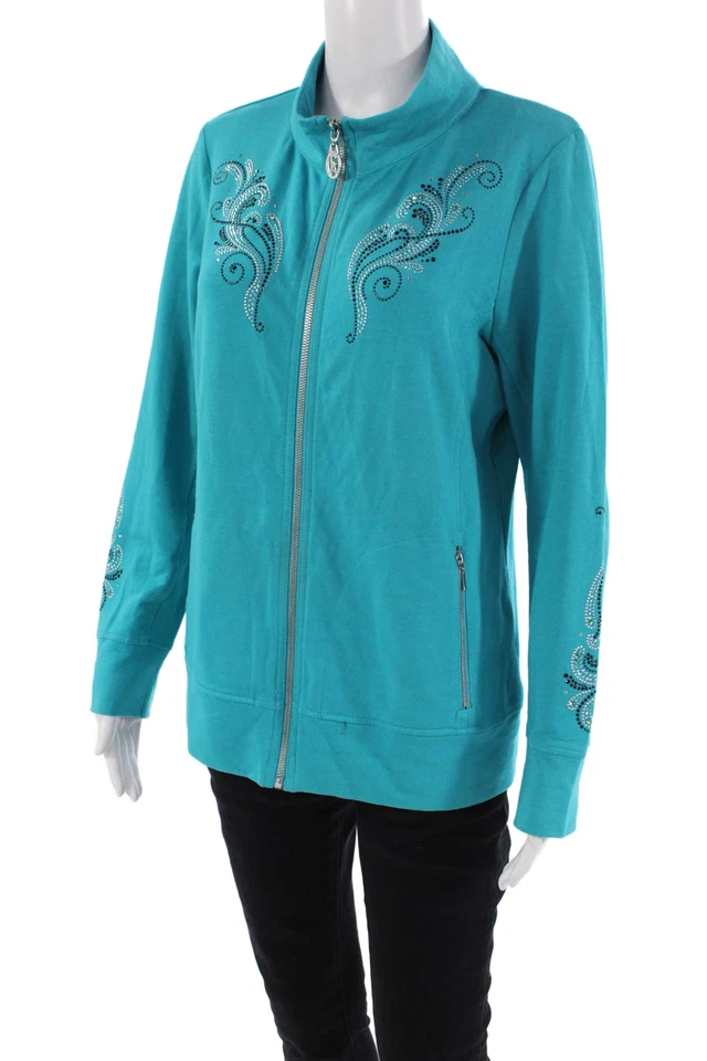 Christine Alexander Womens Front Zip Rhinestone Mock Neck Jacket Blue Medium - Image 2 of 4