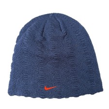 Nike Navy Blue Knit Beanie Hat Orange Swoosh Logo One Size Skull Cap
