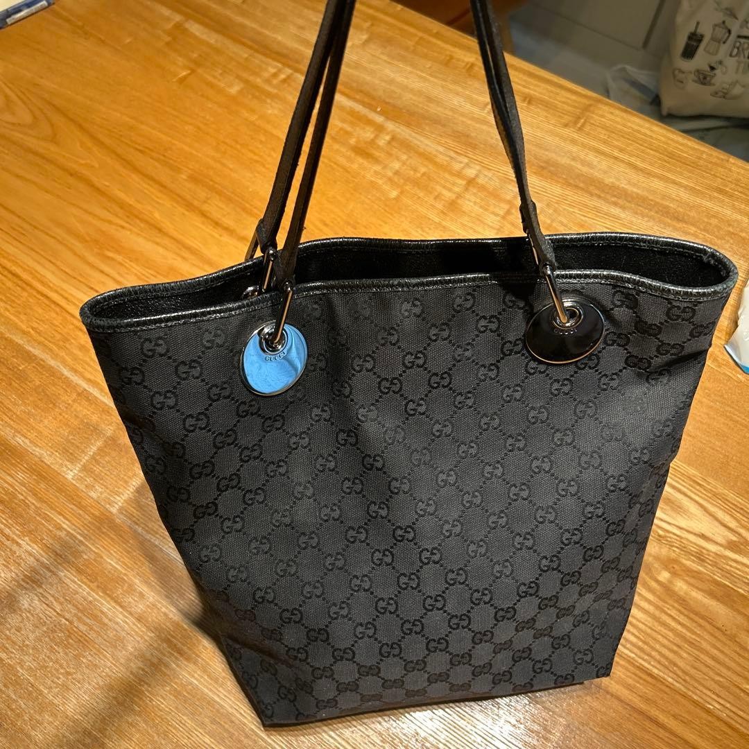 GUCCI Canvas Tote Bag Women Black Silver Hardware Durable Authentic thumbnail 2