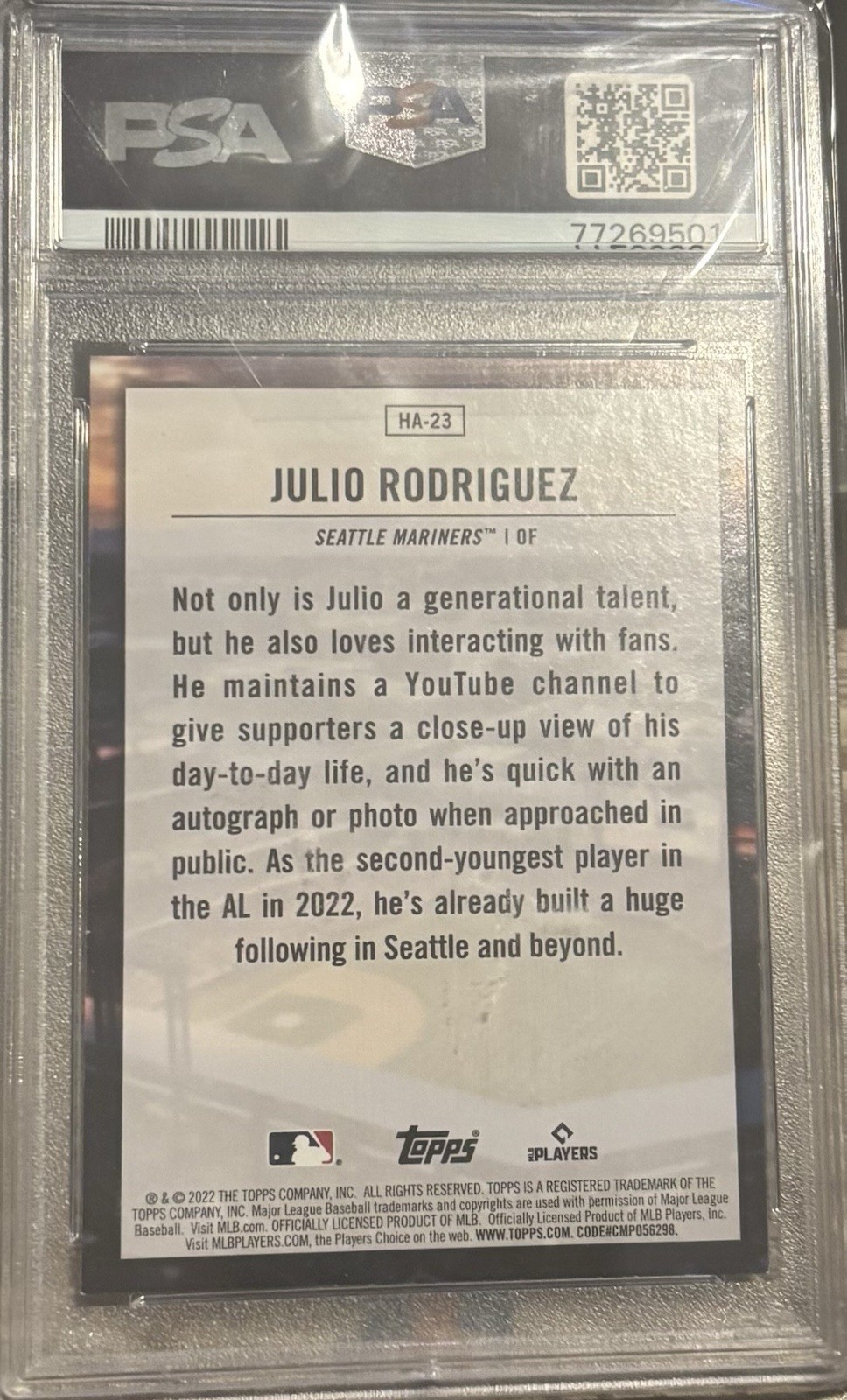 PSA 9 2022 Julio Rodriguez Topps Update Home Field Advantage #HA-23 Rookie RC view 2