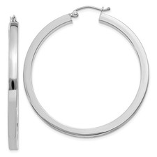 3mm, 14k White Gold Square Tube Round Hoop Earrings, 45mm 1 3/4 Inch E9905