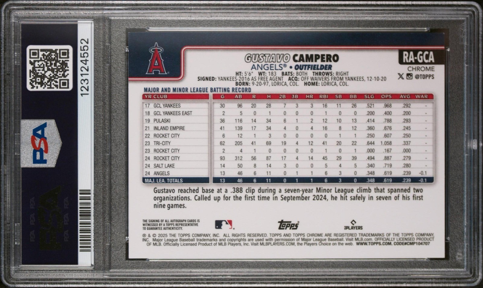 PSA 9 2025 Topps Chrome Rookie AUTO #RAGCA Gustavo Campero Aqua Wave RC /199 view 2