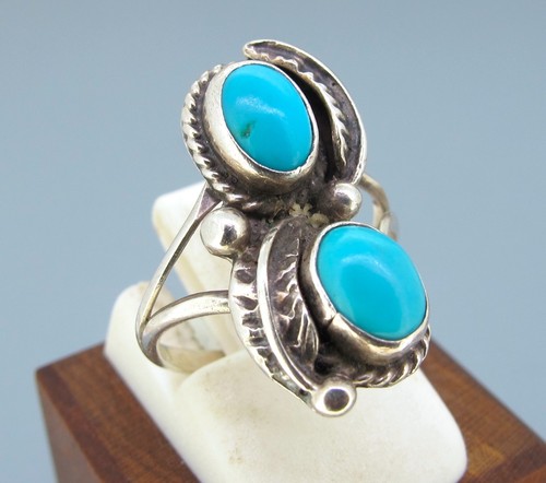Vintage Sterling Silver Native American Turquoise Navajo Leaf Ring Size 5