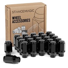 24pcs Black Steel Alloy Bulge Lug Nuts, 12x1.5, 1.75 inch, ET Style, Conical Sea
