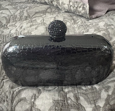 Serpui Marie Black Metallic Croc Embossed Minaudierre with Chain Strap