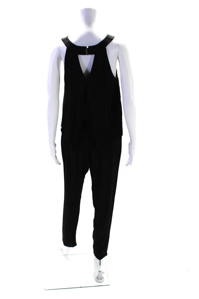 Mono halter de crepé con ribete de cuero sintético negro talla pequeña Ella Moss para mujer Foto 3 de 4