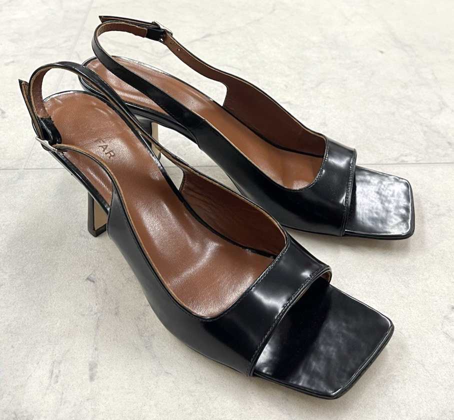New BY FAR Lopez 80mm Semi Patent Leather Slingback Sandals Black Size:38 (US 8)