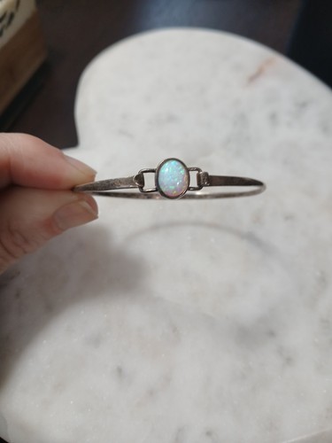 Vintage 925 Sterling Silver OPAL Bangle Hinged Bracelet