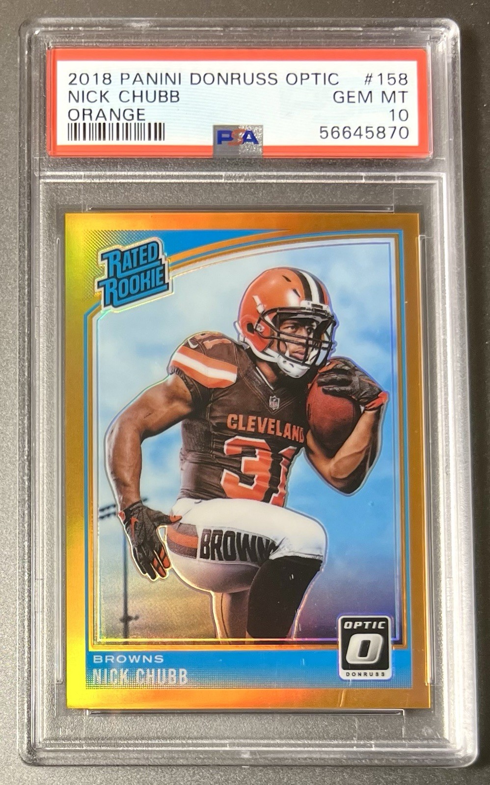 2018 Donruss Optic Nick Chubb Rated Rookie Orange /199 PSA 10 RC 158 Color Match