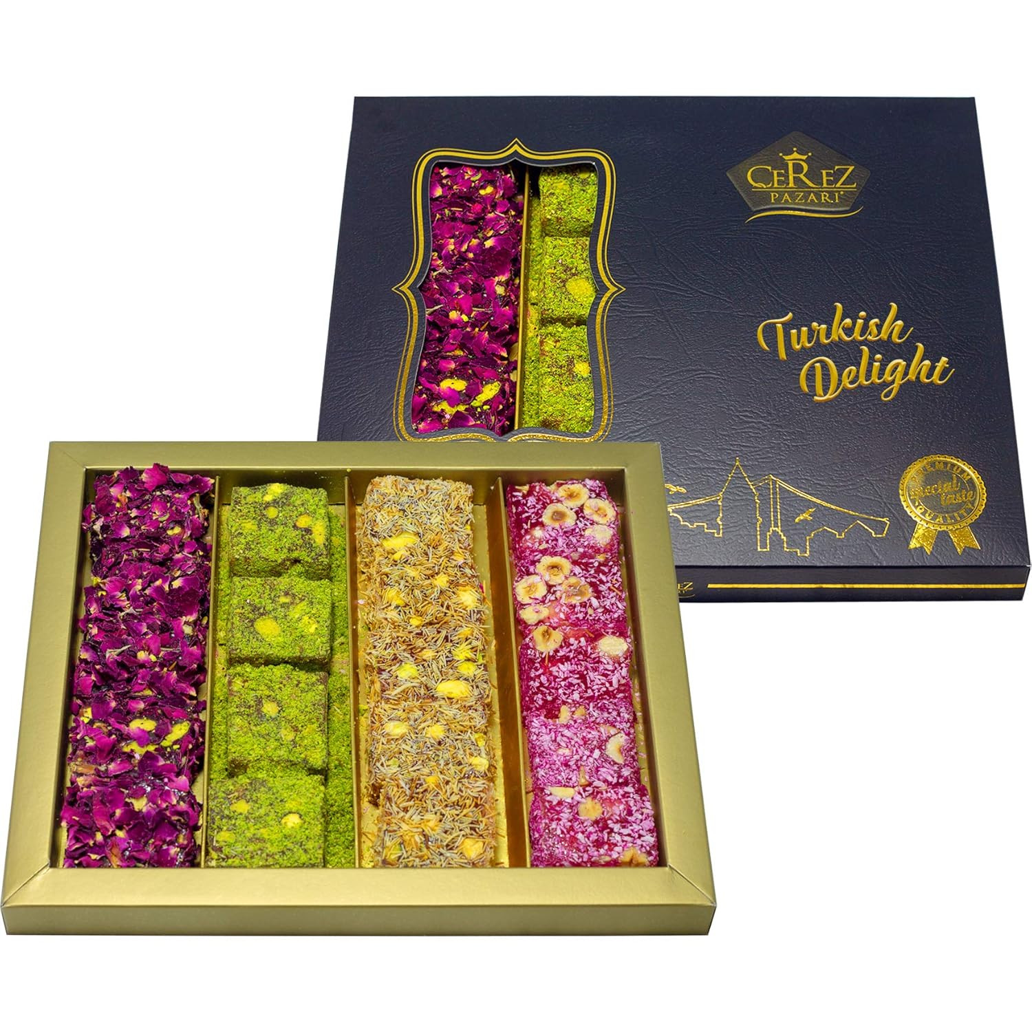 Pistacho y avellana Cerez Pazari Turkish Delight con rosa fantástica y pomegr