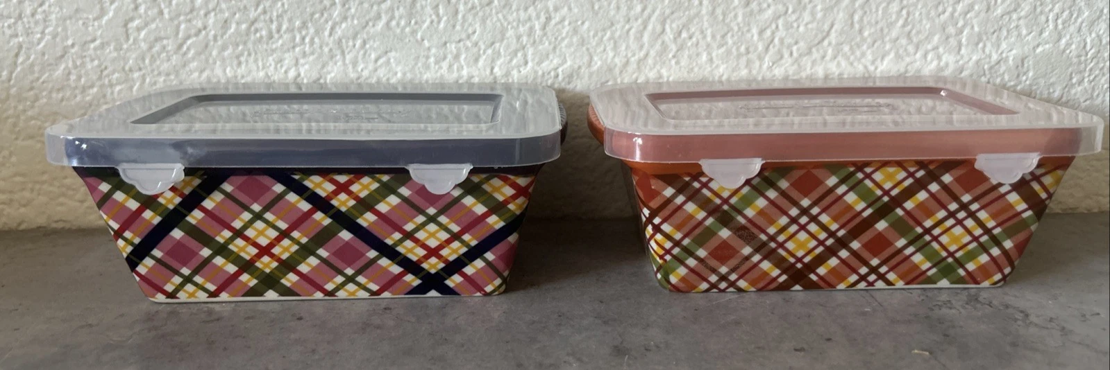 2 NOS Temptations Blue Mauve Striped Covered Mini Loaves Set w/Lids