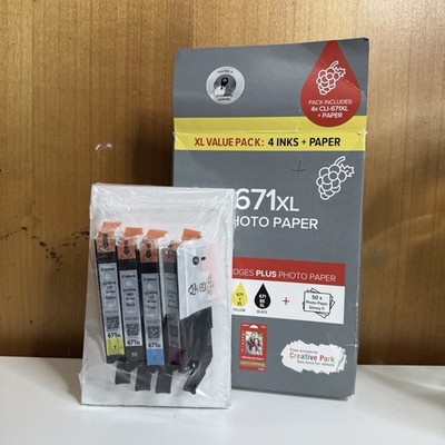 Canon CLI-671 XL Genuine Ink Cartridge Value Pack (B/C/M/Y) PLUS PHOTO PAPER