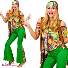 Adult Groovy Hippie Costume Ladies Retro Festival 60's 70's Fancy Dress UK 6-24