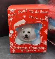 New White Poodle Dog Blue Christmas 3" Ball Ornament In Box
