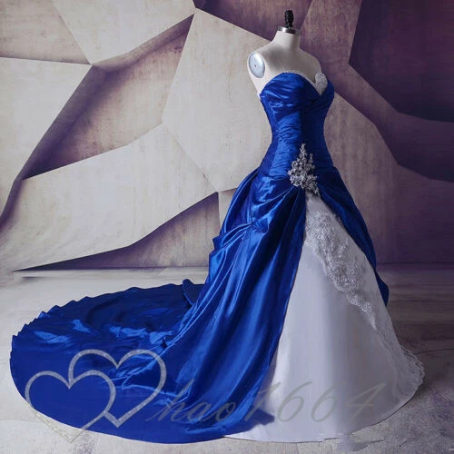 Vintage Royal Blue Wedding Dresses Satin Gothic White Bridal Dress Lace Applique - Picture 3 of 13