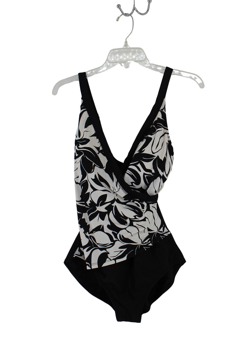 Jantzen Classics Black White Floral Print Faux Wrap One Piece