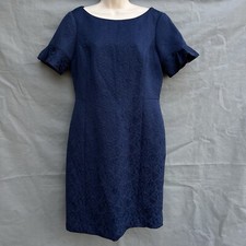 Talbots Size 10 Navy Blue Jacquard Brocade Ruffle Sleeve Sheath Dress Classic
