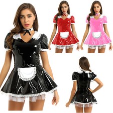 Womens French Maid Cosplay Costumes PVC Leather Role Play Fancy Dress Costume
