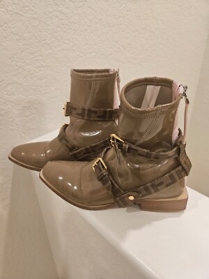 Authentic Fendi Brown Pink Women Strap Fall Winter Low Calves Boots Size US 