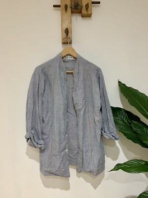 Vintage Khadi handgesponnen gewebt KVIC puderblau Langarm Kaftan Shirt 38 10 12