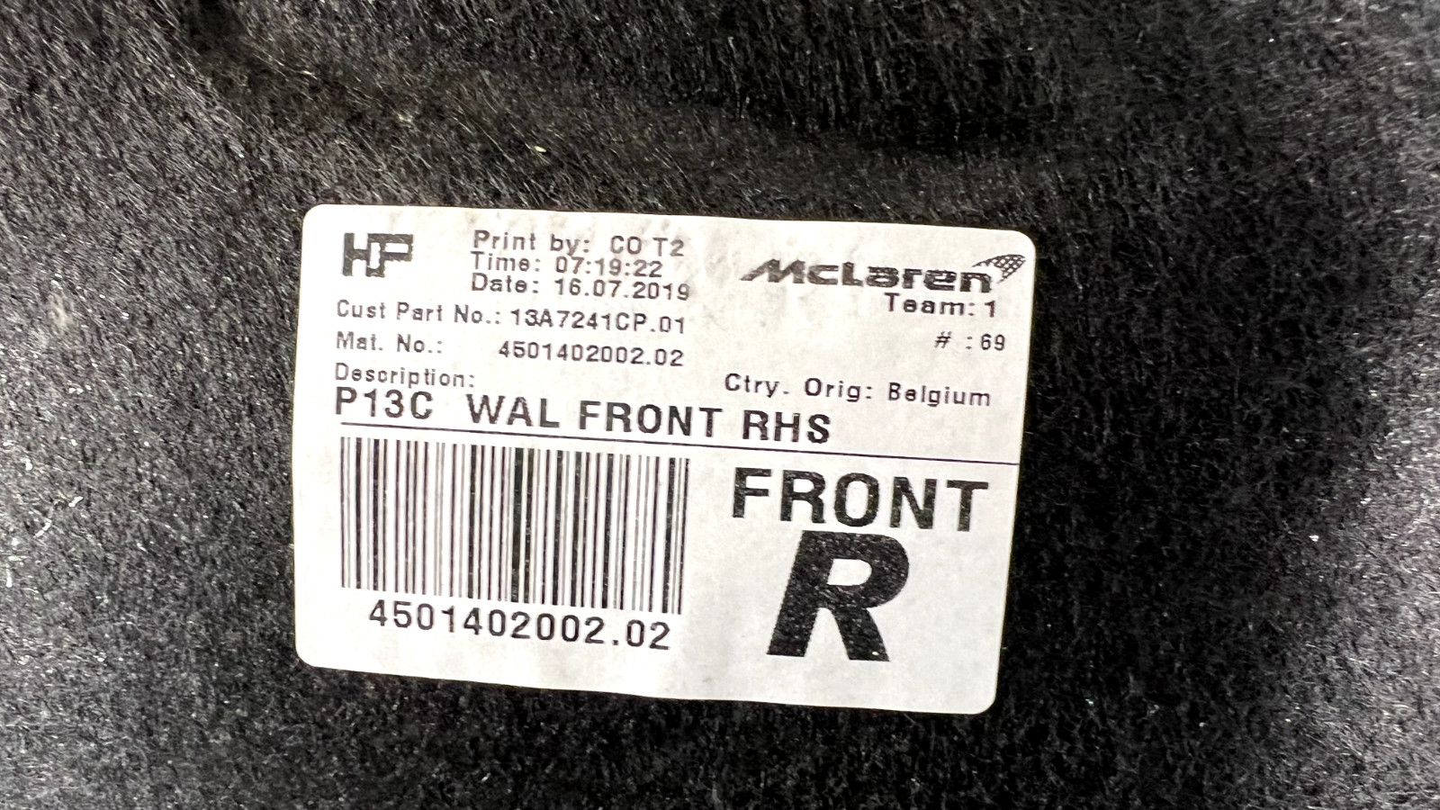 2015-2021 MCLAREN 570S RIGHT FRONT REARWARD INNER FENDER LINER 13A7241CP.01 OEM