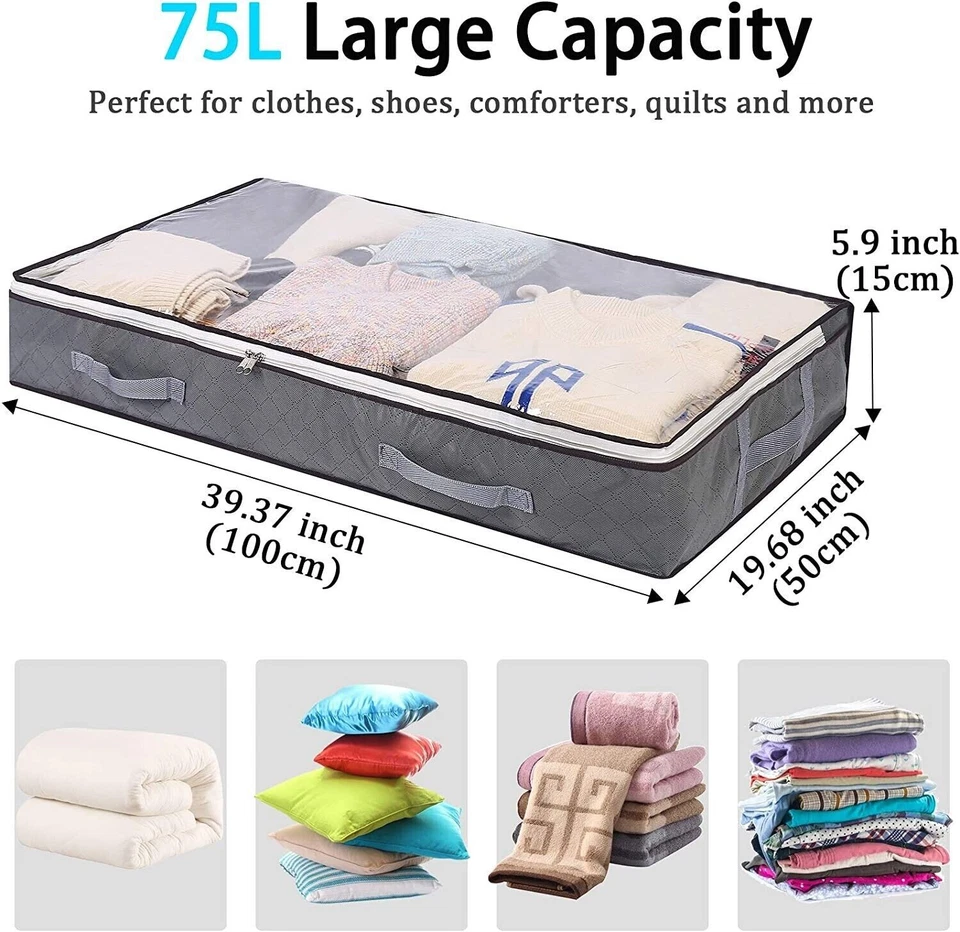 2x Large Underbed Storage Bag Shoes Clothes Zipped Organizer Fabric Storage Bags - Image 3 of 4
