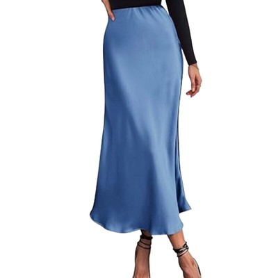 Womens Elegant Solid Color High Waist A Line Flowy Ruffle Satins Midi Long Skirt