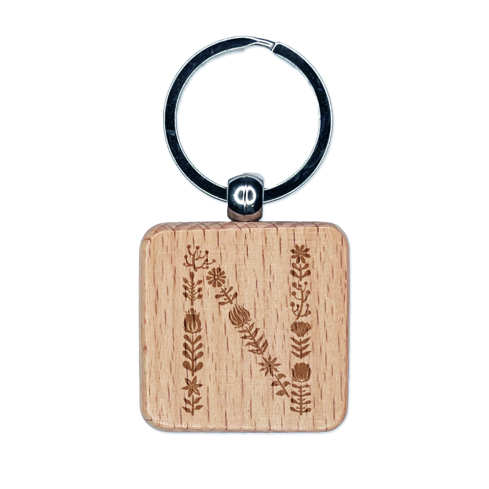 Elegant Botanical Floral Letter N Engraved Wood Square Keychain Tag Charm