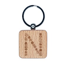 Elegant Botanical Floral Letter N Engraved Wood Square Keychain Tag Charm