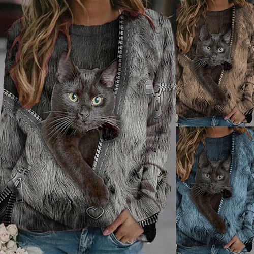 Women Plus Size T-shirt Zipper Cat Long Sleeve Round Neck | eBay