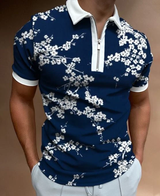Polo T Shirts Men Zipper Collar Blue White Floral Casual Golf Sport Fashion Top