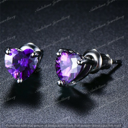 3 Ct Heart Purple Simulated Amethyst Solitaire Earrings 14K White Gold Plated - Picture 5 of 7