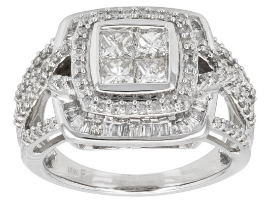 Кольцо из белого золота 10 карат с круглым бриллиантом багетной огранки и бриллиантом принцессы весом 1,50 карат, размер 7