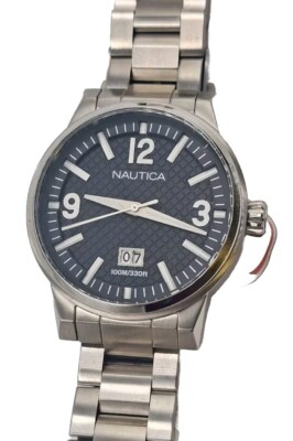 Nautica Gents Black Dial Big Date Stainless Steel Bracelet Watch