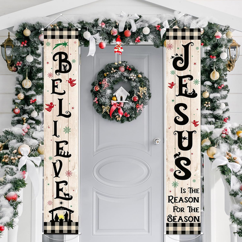Banner de puerta de Jesús de Navidad - Belén Búfalo a cuadros decoración religiosa - Imagen 12 de 12