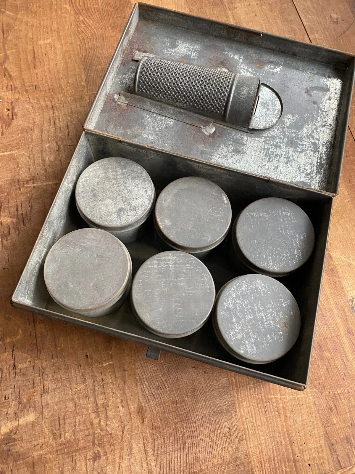 Antique/Vtg Tole Metal SPICE BOX with Tins & Grinder, Industrial Country Kitchen