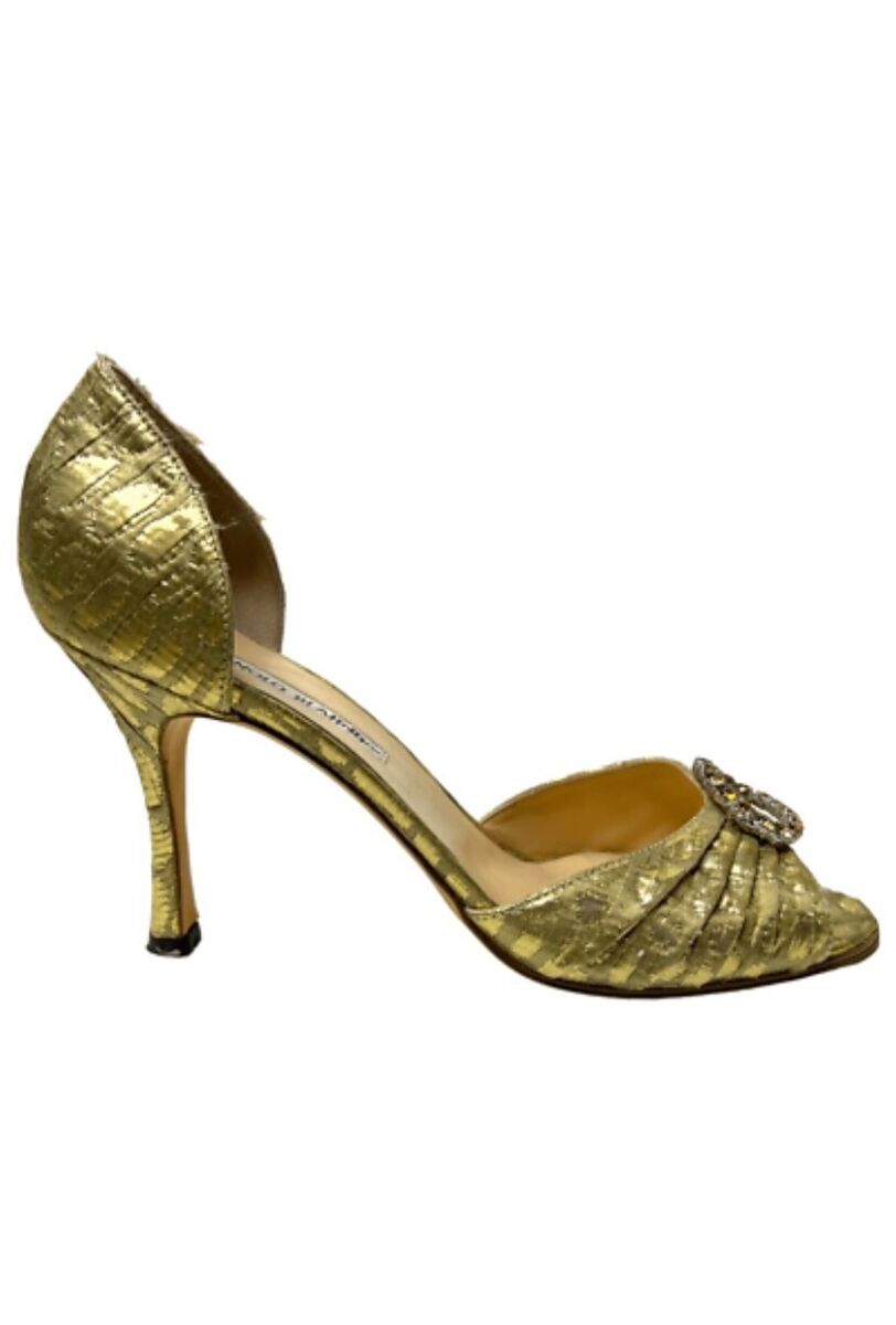 Manolo Blahnik Gold Sedaraby D'orsay Open Toe Pumps Crystal Manolo Blahnik Gold Sedaraby D'orsay Open Toe Pumps Crystal