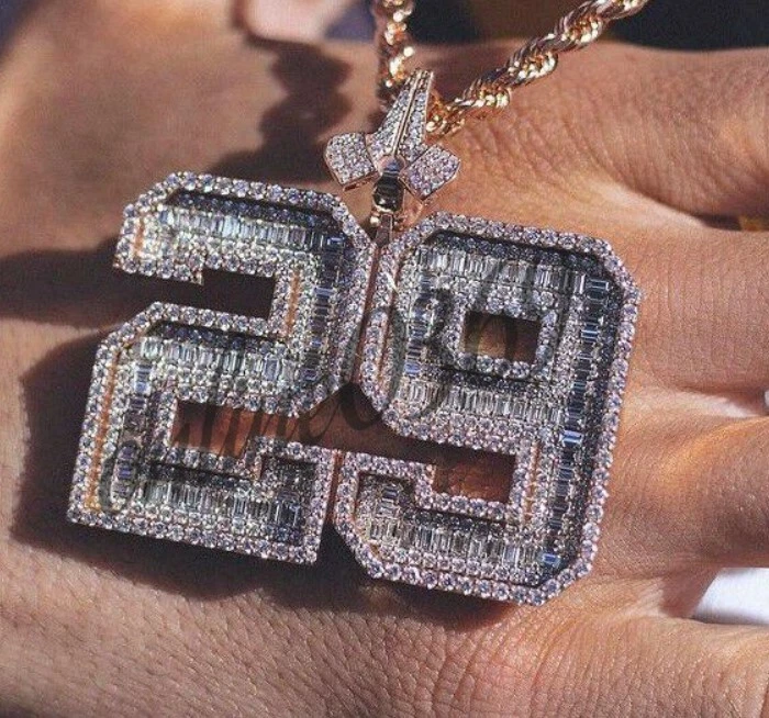 Men Custom Number Pendant With Rope Chain 3ct Baguette Simulated