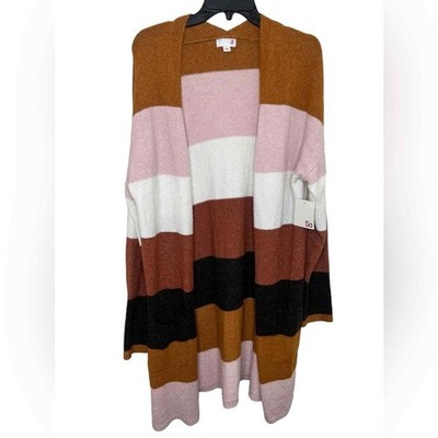 SO Pink/Brown/White Multi Long Sleeve Striped Open Front Cardigan Large
