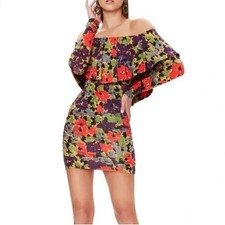 AFRM Women's Size S Off Shoulder Floral Bodycon Mini Dress Long Sleeve Ruched