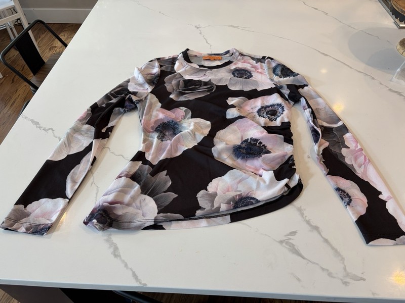 STINE GOYA Black Long Sleeve Floral Mesh Top with Soft Pink Blooms - Size Large