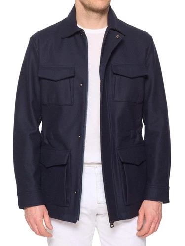 KITON KIRED "Tobe" Navy Blue Four Pocket Field Jacket Leather Trims - product listing photo