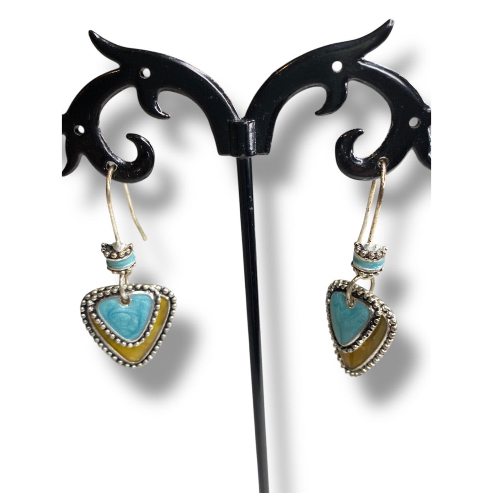 Silvertone Fishhook Earrings Triangular Shape Ena… - image 1