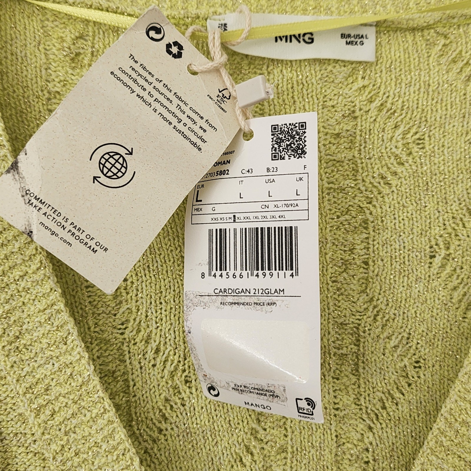 Mango Metallic Lurex Knitted Cardigan Lime Green Jewel Buttons New With Tags L thumbnail 3